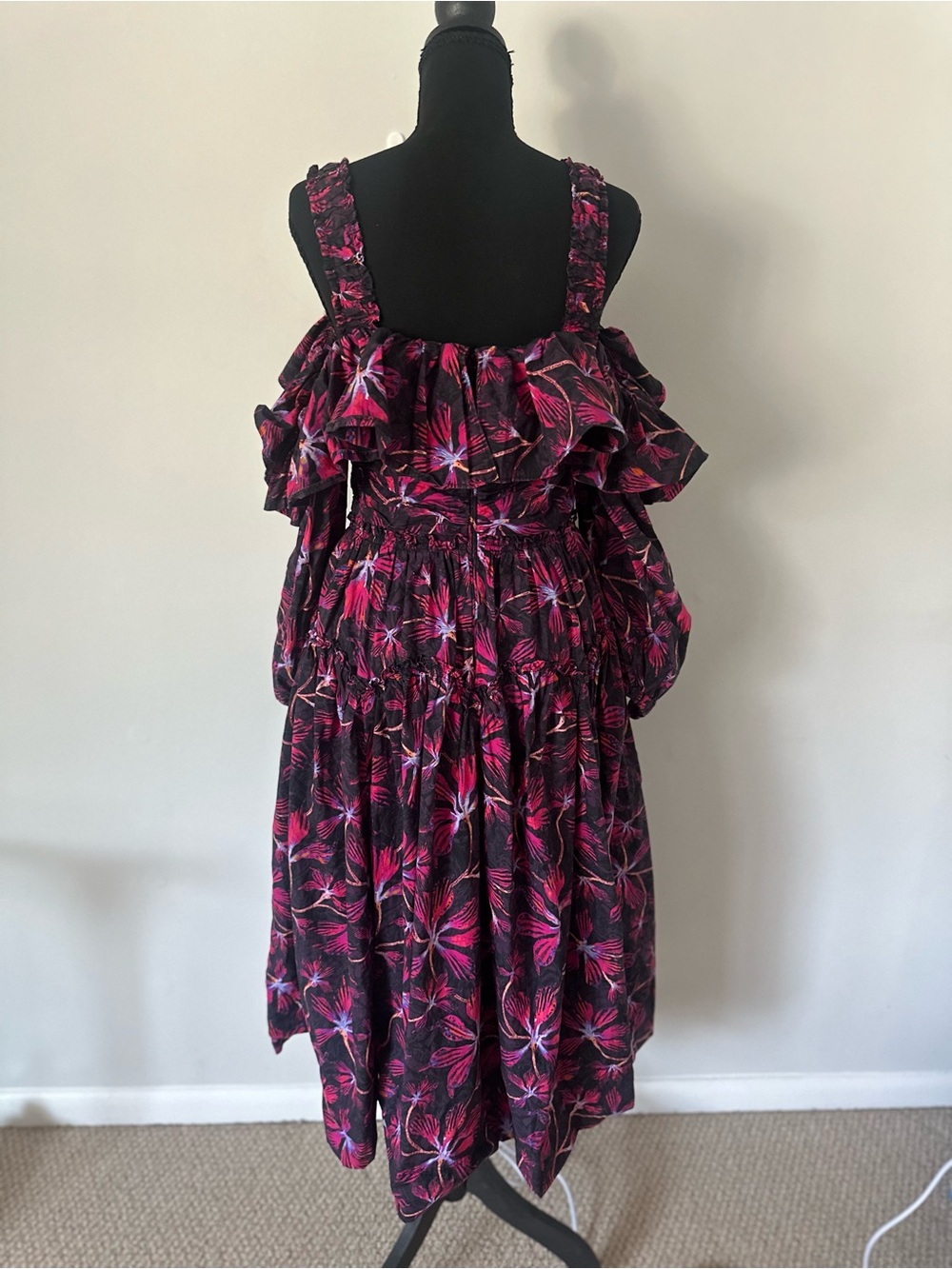 Ulla Johnson Cold Shoulder Floral Dress Pink Black Ruffle Sleeve Long Sleeve - Picture 8 of 10